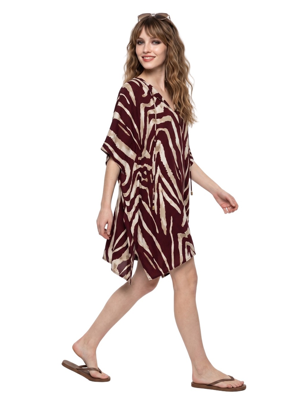 SOHO Brown Cream Zebra Print Kaftan mini dress V neck Short sleeve Resortwear LG - Picture 9 of 9